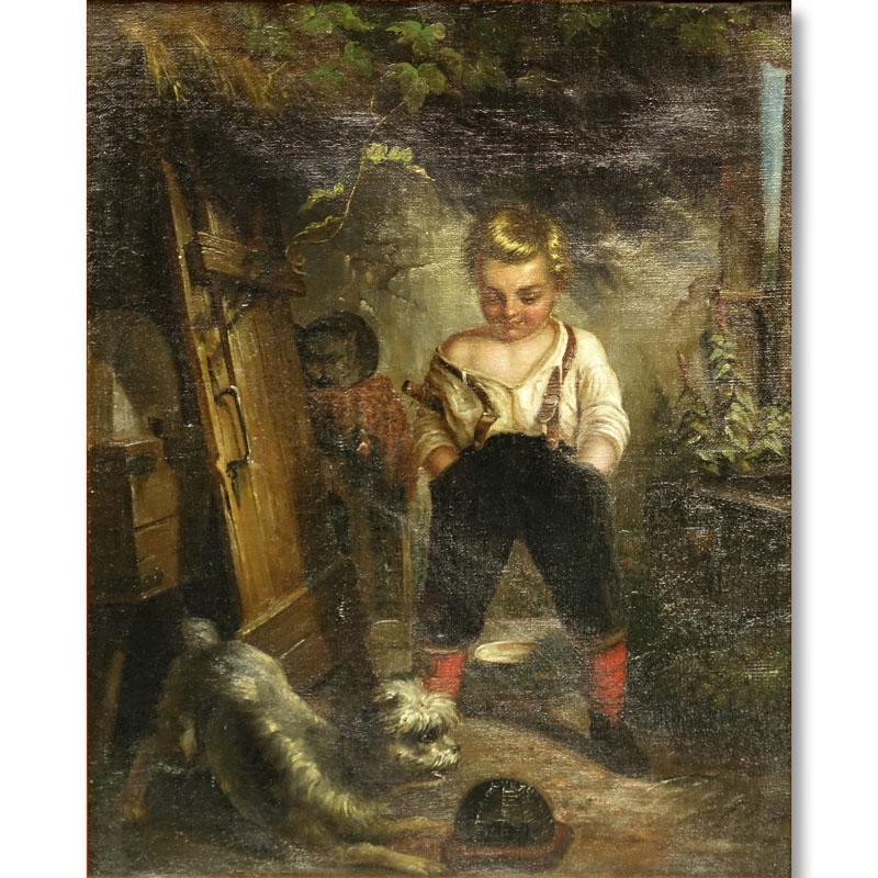 Well Done H. Michael (19/20th C.) European Oil on Canvas, Interior Scene of a Young Boy with Dog, Tag affixed to Frame Inscribed with Artist Name. 