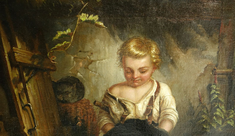 Well Done H. Michael (19/20th C.) European Oil on Canvas, Interior Scene of a Young Boy with Dog, Tag affixed to Frame Inscribed with Artist Name. 
