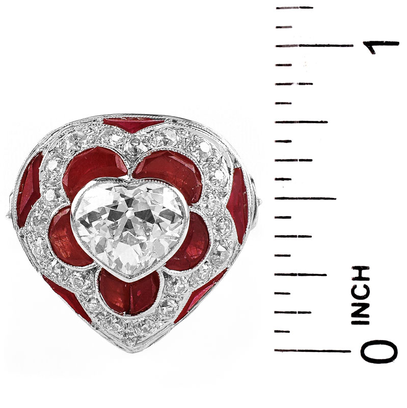 Art Deco style Approx. 3.0 Carat Old European Cut  Diamond, 1.50 Carat Calibre Cut Ruby and Platinum Ring. 