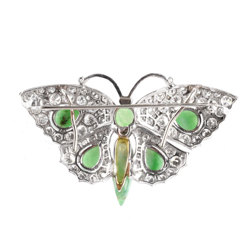 Vintage Approx. 5.50 Carat Pave Set Round Brilliant Cut Diamond, Cabochon Jade and Platinum Butterfly Brooch. 