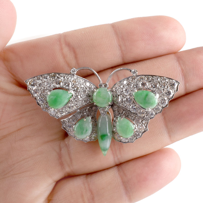 Vintage Approx. 5.50 Carat Pave Set Round Brilliant Cut Diamond, Cabochon Jade and Platinum Butterfly Brooch. 