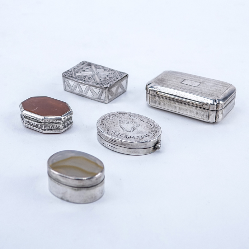 Collection of Five (5) Sterling Silver Miniature Boxes. Two with inset agate.