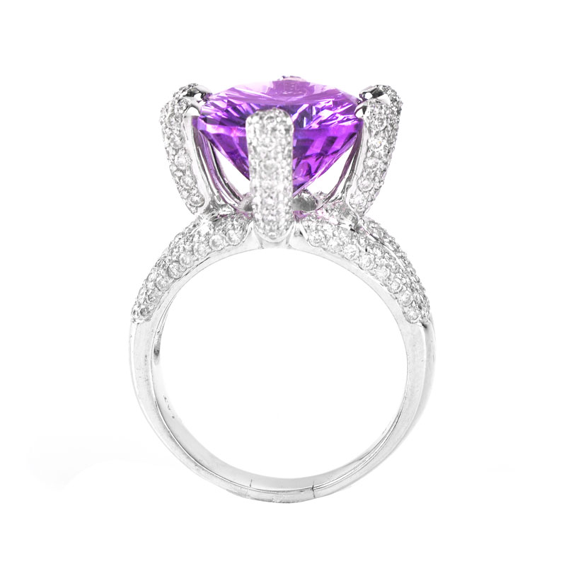 Oval Cut Amethyst, Approx. 1.50 Carat Pave Set Round Brilliant Cut Diamond and 14 Karat White Gold Ring.