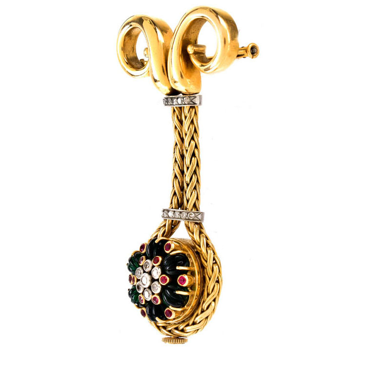 Circa 1940s 14 Karat Yellow Gold, Carved Emerald Bead, Ruby and Diamond Pendant Watch. Unsigned.