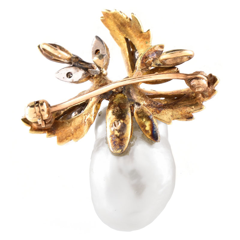 Vintage Bead Pearl, Diamond and 14 Karat Yellow Gold Pendant / Brooch. Pearl measures 17.62 x 12.43 x 11.70mm.
