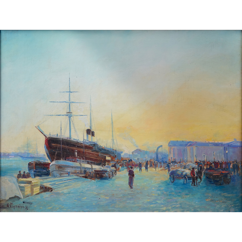 Karl Eduardovich Geftler, Russian (1858-1918) Oil on Canvas, Harbor Scene St. Petersburg. Signed lower left, label to verso. 