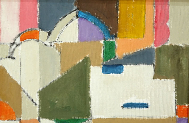 Large Oil on Canvas, Modern Abstract Composition Circa 1960s, Signed Schnall Lower Left. Artist name 'Schnall' inscribed en verso. 