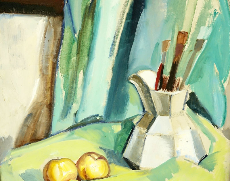 Mid Century Oil On Canvas "Still Life With Brushes". Unsigned.
