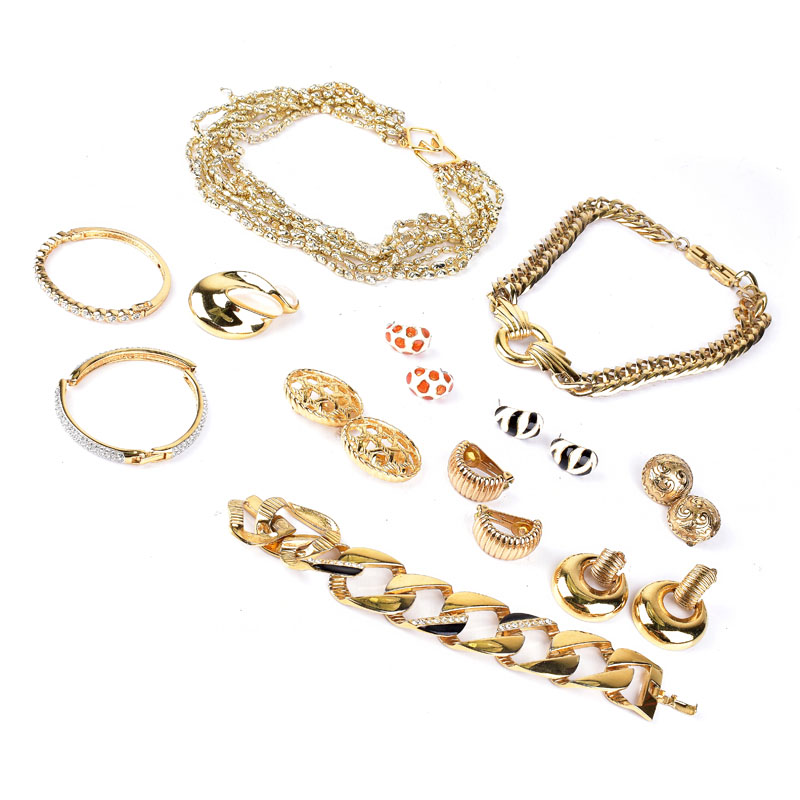 Collection of Vintage Gold Tone Signed Designer Costume Jewelry by Givenchy, Christian Dior and Kenneth Jay Lane.