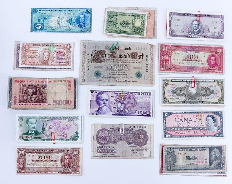 Large Collection of Antique and Vintage World Coins and Paper Money. In custom wood box.