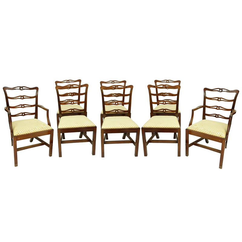 Set of Eight (8) 19th Century Mahogany and Upholstered Ladder Back Dining Chairs.