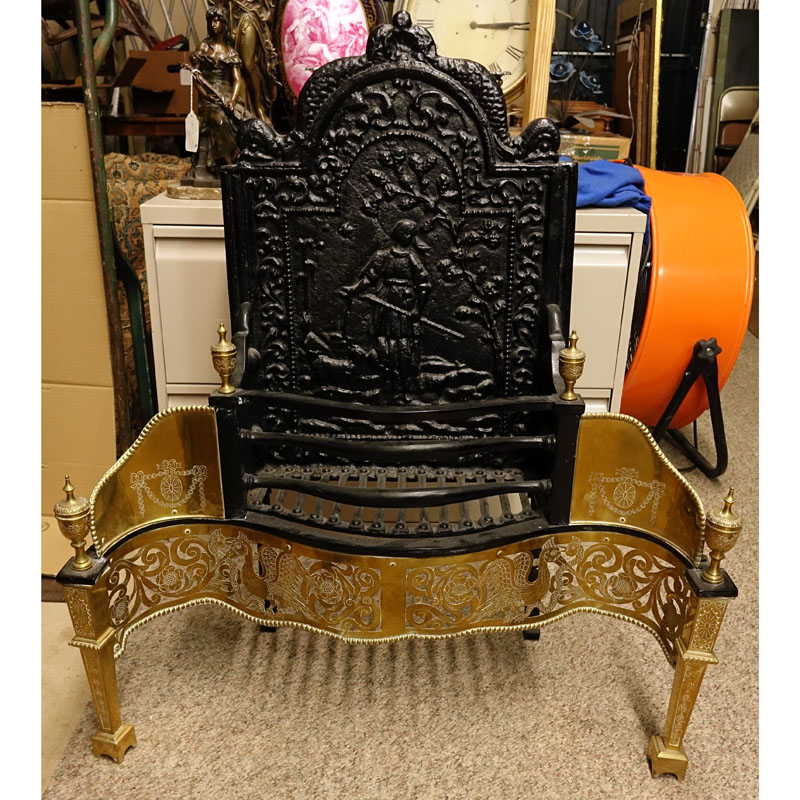 Possibly Thomas Elsley, Antique Victorian Cast Iron and Brass Fire Grate with Figural Backplate.