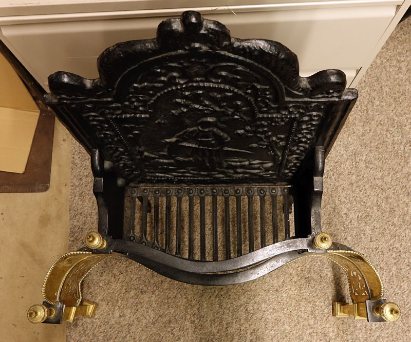 Possibly Thomas Elsley, Antique Victorian Cast Iron and Brass Fire Grate with Figural Backplate.