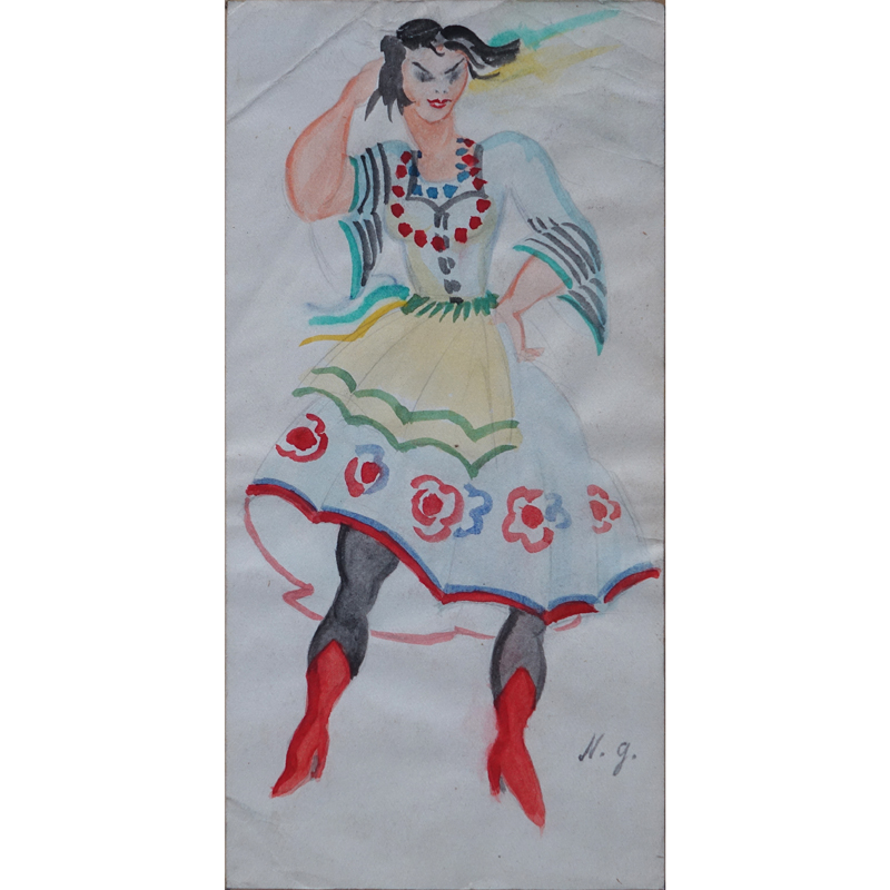 Natalia Sergeevna Goncharova, Russian (1881-1962), Watercolor, Woman in Traditional Dress.