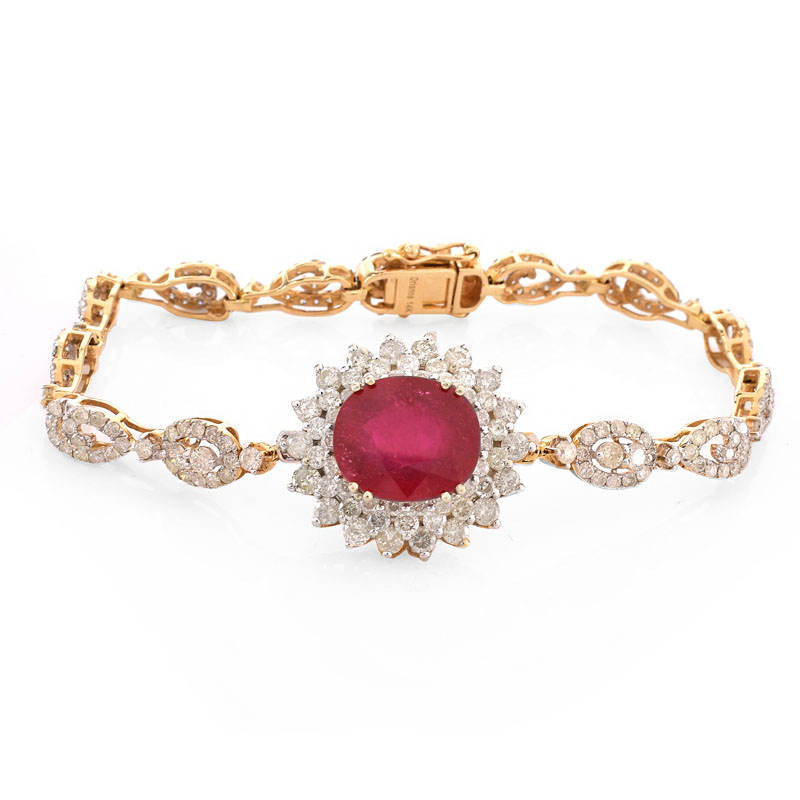 Vintage Approx. 5.0 Carat Oval Cut Ruby, 4.0 Carat Round Brilliant Cut Diamond and 14 Karat Yellow Gold Bracelet. 