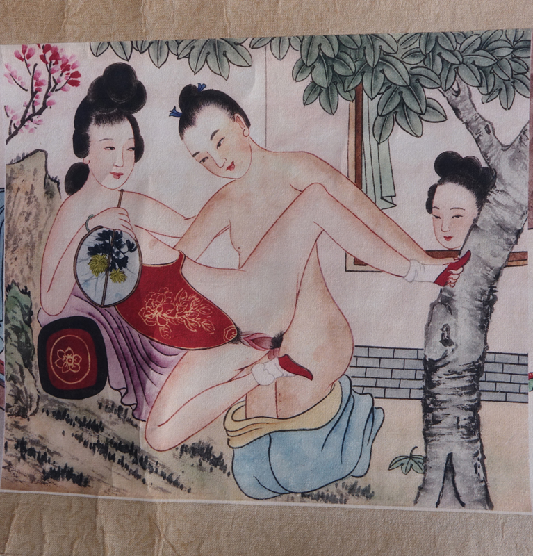 Two (2) 19/20th Century Chinese Erotic Scrolls. Both with 8 various sutra style scenes, Chinese characters/signature on panel. 