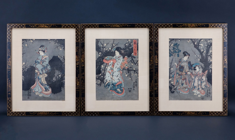 Three (3) Antique Japanese Woodblock Prints, Scenes of Geishas, Each with Publishers Marks Lower.