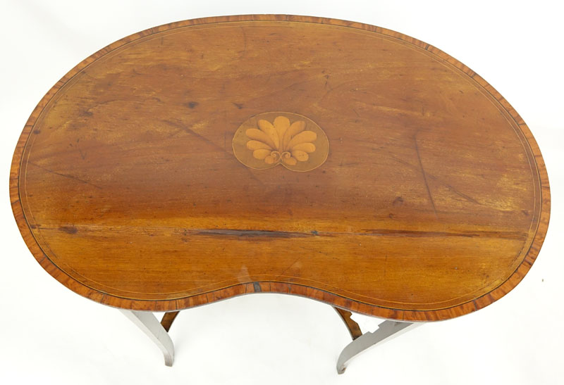 19th Century Sheraton Style Inlaid Kidney Shape Table. Centre shell motif inlay with two tone gallery.