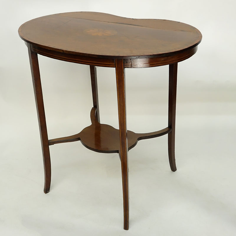 19th Century Sheraton Style Inlaid Kidney Shape Table. Centre shell motif inlay with two tone gallery.