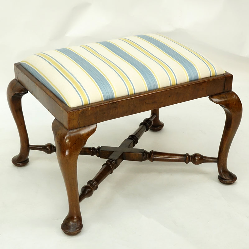 Antique English Queen Anne Style Carved Walnut and Upholstered Bench.
