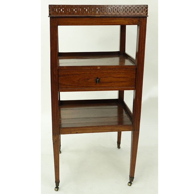 Antique English Wood Carved Dumbwaiter on Wheels. Openwork gallery to top and single fitted Drawer, key included. 