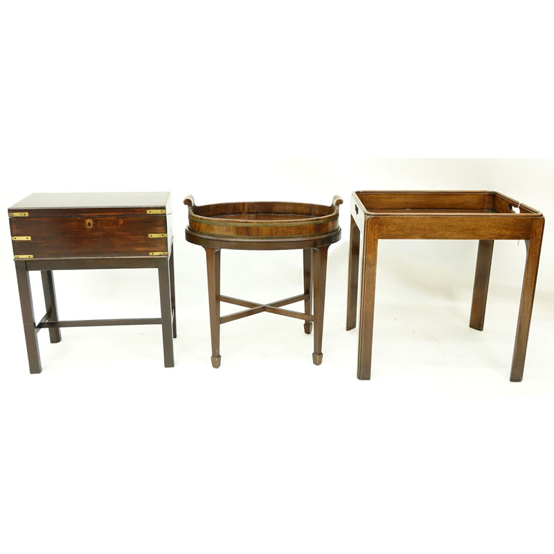 Grouping of Three (3): Vintage Butlers Table, Vintage Butlers Table with Tray, and Footed Hinged Storage Box with Key.