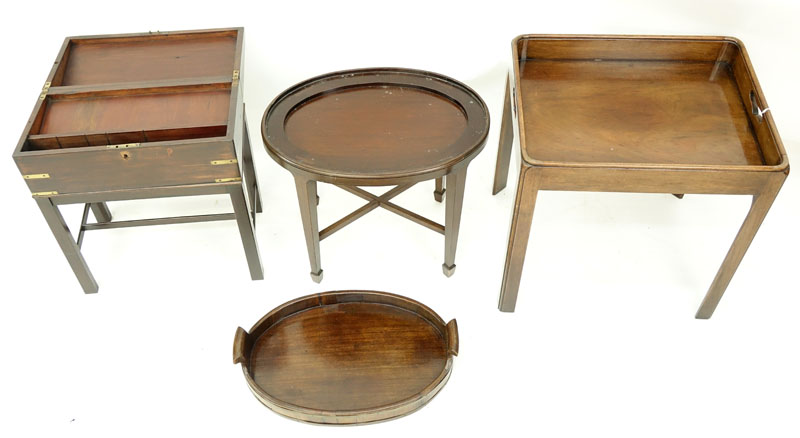 Grouping of Three (3): Vintage Butlers Table, Vintage Butlers Table with Tray, and Footed Hinged Storage Box with Key.