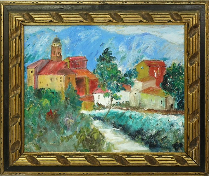 Mid Century American School Oil On Canvas "Village Scene" Unsigned.