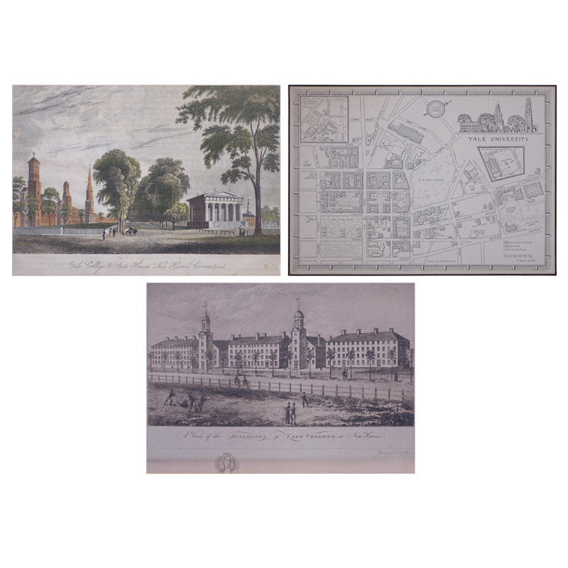 Three (3) Vintage Yale University Prints. Includes campus map, Yale College and State House, A View Of The Buildings of Yale College.