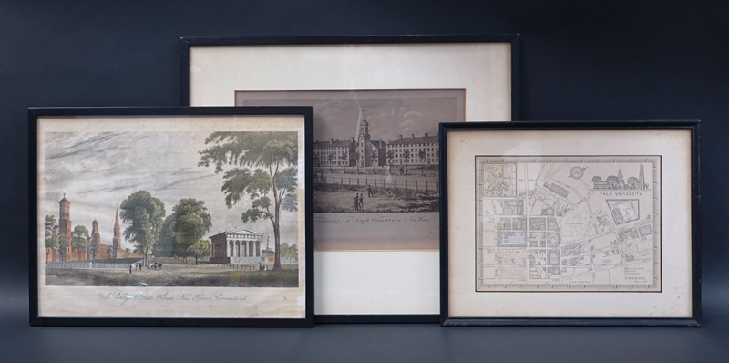 Three (3) Vintage Yale University Prints. Includes campus map, Yale College and State House, A View Of The Buildings of Yale College.