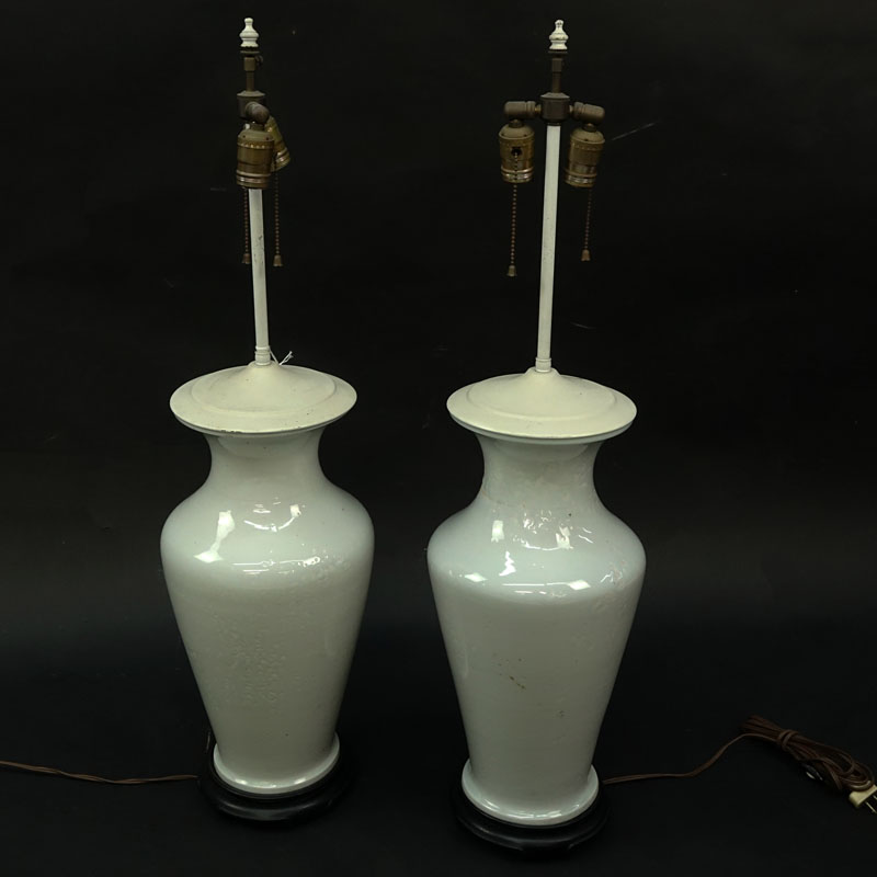 Pair of Modern Celadon Glaze Vases as Lamps. One has a repair to rim or else good condition.
