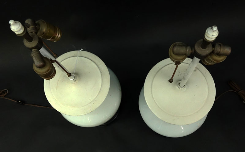 Pair of Modern Celadon Glaze Vases as Lamps. One has a repair to rim or else good condition.