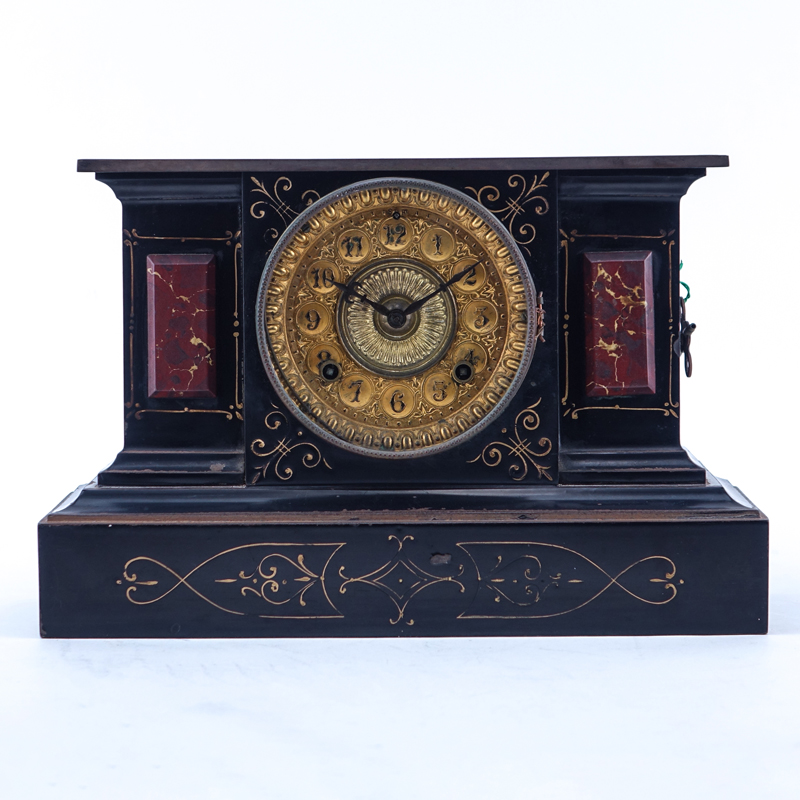 Victorian Ansonia Slate Mantel Clock. Hand painted gold décor, inset marble panels. Signed.