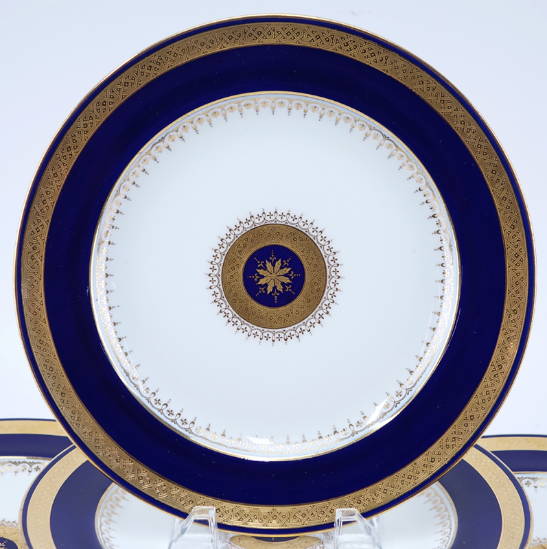 Six (6) Tiffany & Co. Cobalt and Gold Porcelain Dinner Plates. Signed.
