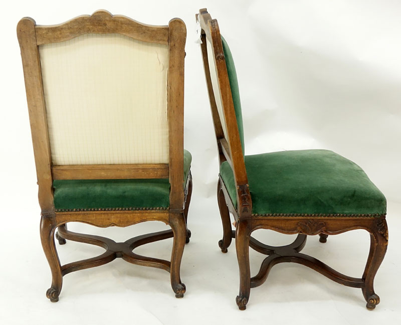 Pair of Antique French Carved Wood and Vert Velvet Upholstered Side Chairs.