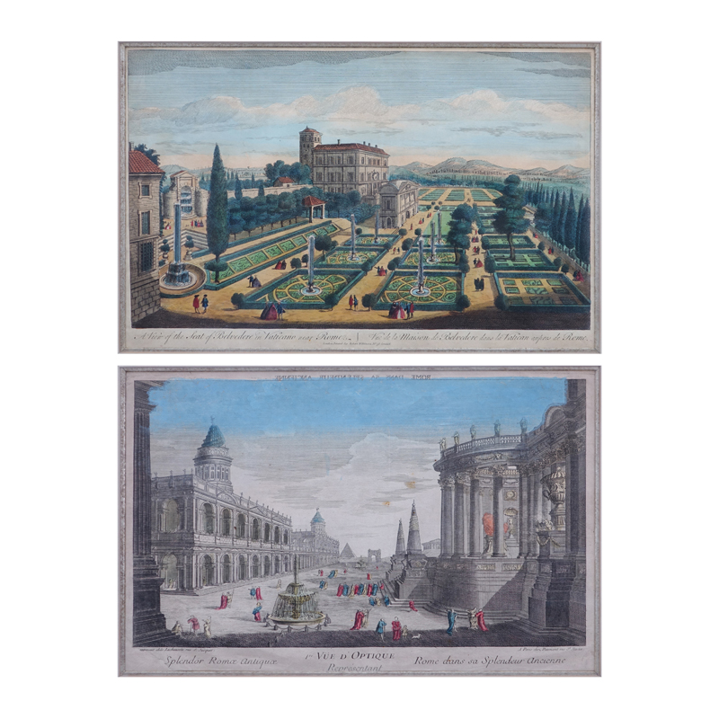 Two (2) Antique Hand Color Engravings, "A View of the Seat of Belvedere in Vaticano near Rome" for Robert Williamson and "Rome dans sa Splendeur Ancienne" Published by Daumont.