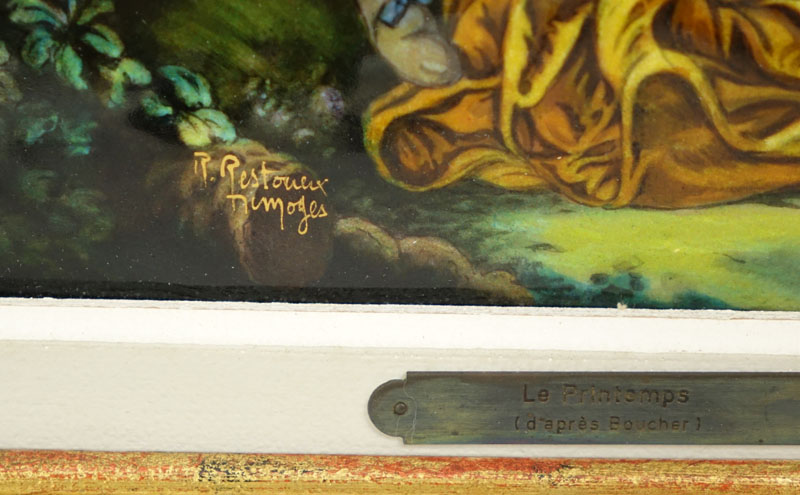 Limoges Enamel Painting On Copper "Le Printemps (d'apres Boucher)". Signed R. Restoueix.