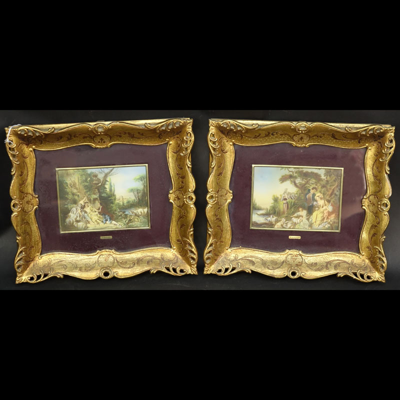 Pair Mid-Century Italian Hand Painted Miniature Paintings On Celluloid. Each depicts a famous painting by F. Boucher.