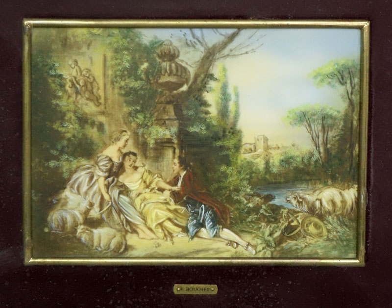 Pair Mid-Century Italian Hand Painted Miniature Paintings On Celluloid. Each depicts a famous painting by F. Boucher.