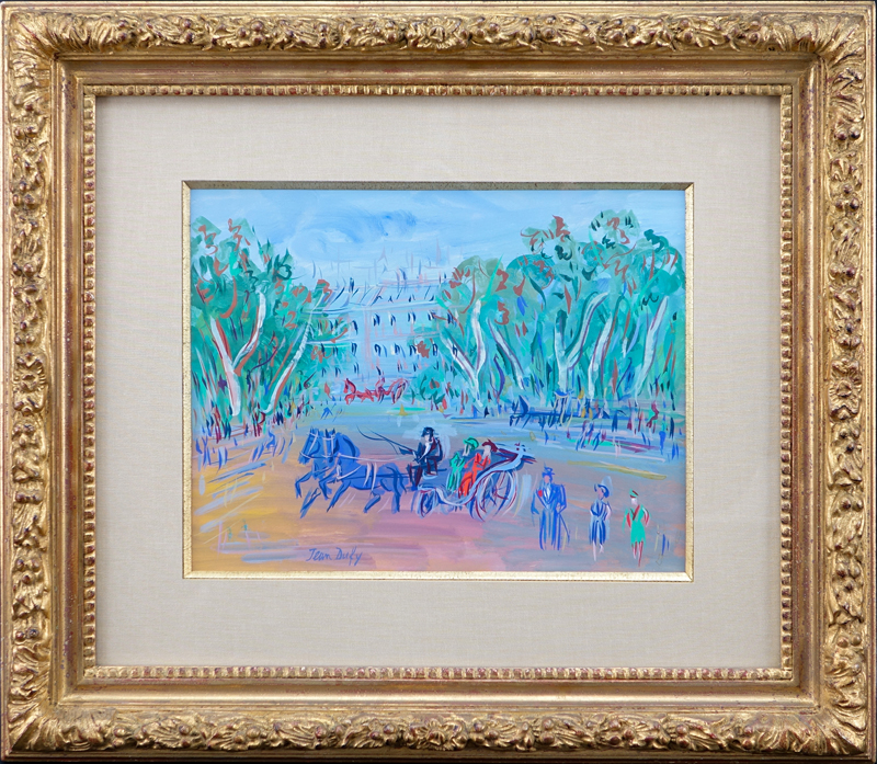 Jean Dufy, French (1888-1964) Gouache and Watercolor on Paper "Promenade Bois de Boulogne" Signed Lower Left.