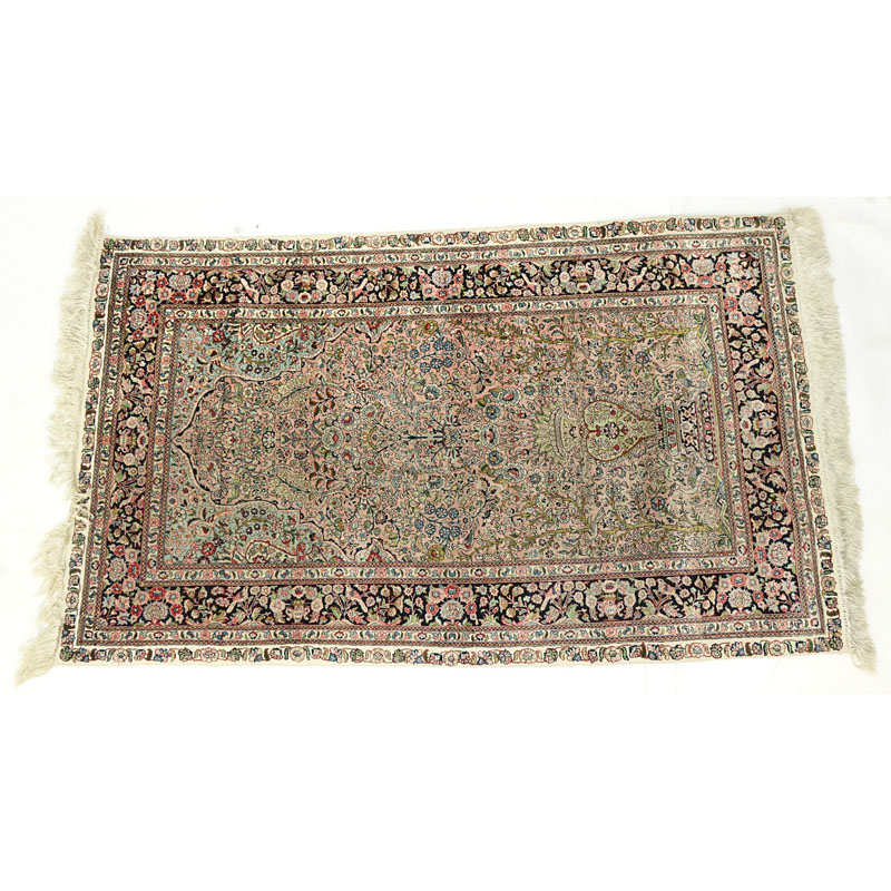 Semi Antique Persian Style Silk Rug. Wear consistent with age, discoloration, wear to fringes, needs cleaning. 
