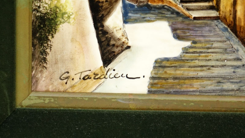 Georges Tardieu, (b.1927- ) Painting on porcelain "Street In Biot". Signed lower left, inscribed en verso.