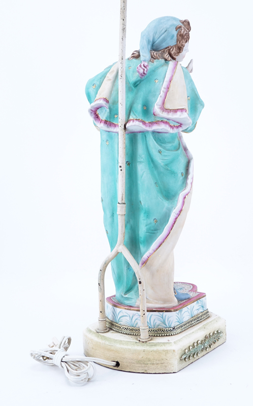 Large German Bisque Porcelain Figural Lamp. Rubbing to paint and gilt.