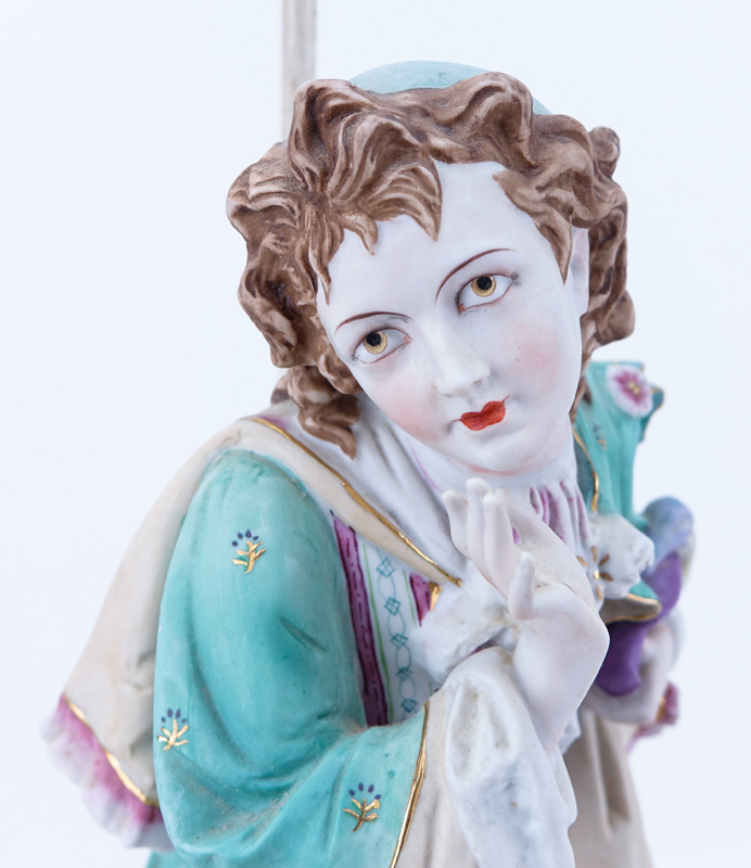 Large German Bisque Porcelain Figural Lamp. Rubbing to paint and gilt.