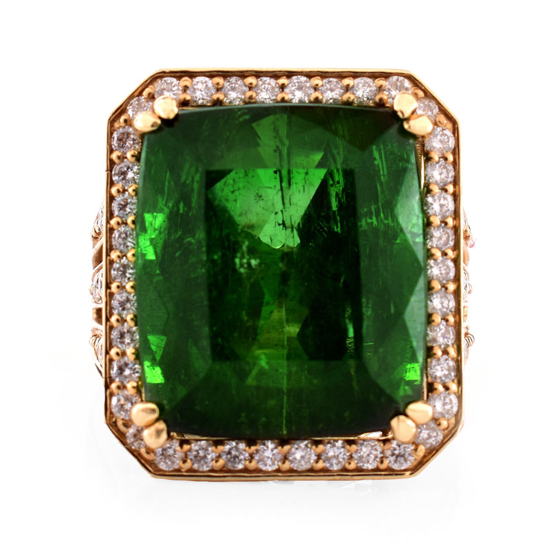 Approx. 22.0 Carat Emerald Cut Green Tourmaline, 2.0 Carat Pave Set Round Brilliant Cut Diamond and 18 Karat Yellow Gold Ring. 