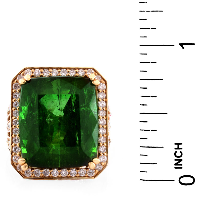 Approx. 22.0 Carat Emerald Cut Green Tourmaline, 2.0 Carat Pave Set Round Brilliant Cut Diamond and 18 Karat Yellow Gold Ring. 