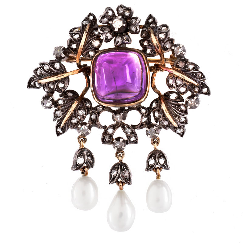 Antique Rose Cut Diamond, Sugarloaf Cabochon Amethyst, Baroque Pearl and Silver Topped 14 Karat Yellow Gold Brooch.