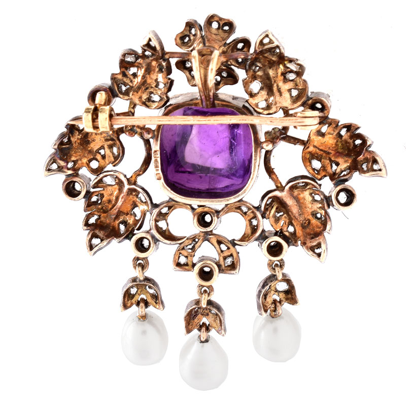 Antique Rose Cut Diamond, Sugarloaf Cabochon Amethyst, Baroque Pearl and Silver Topped 14 Karat Yellow Gold Brooch.
