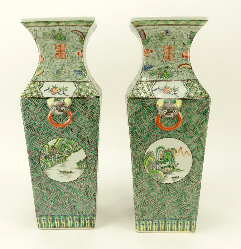 Pair Of 20th Century Chinese Export Porcelain Famille Verte Vases. Mock ring handles, figural and floral motif. Signed.