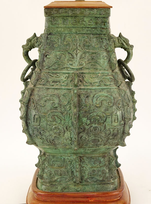 A Chinese Archaic Style Patinated Bronze Vase Mounted as Lamp with Shade.